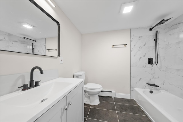 28 Snowberry Ln, Islandia, NY 11749 - bathroom featuring baseboard heating, vanity, shower / tub combination, and tile patterned flooring