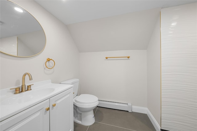28 Snowberry Ln, Islandia, NY 11749 - bathroom with a baseboard radiator, lofted ceiling, and vanity
