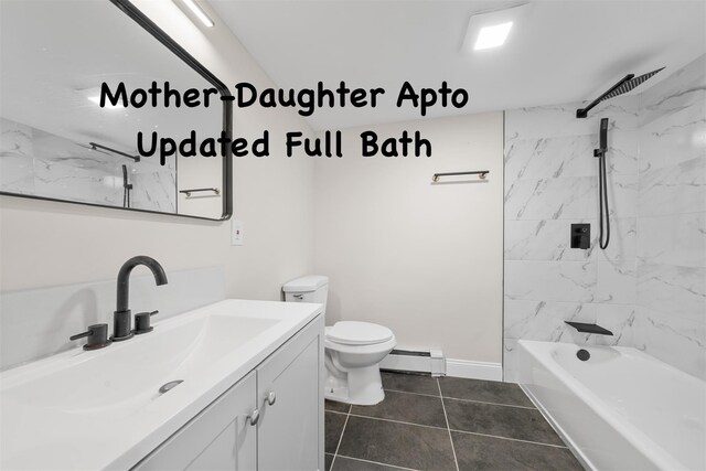 28 Snowberry Ln, Islandia, NY 11749 - full bath featuring baseboard heating, vanity, bathing tub / shower combination, and tile patterned floors
