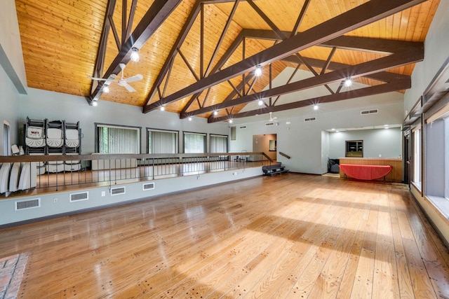 74 Gauguin Ct Unit 74, Middle Island, NY 11953 - misc room with high vaulted ceiling, hardwood / wood-style floors, wooden ceiling with exposed beams, and ceiling fan