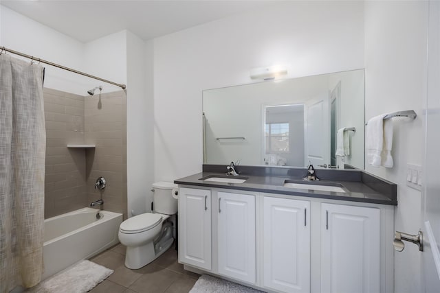 12 Grace Hall Ln, Yaphank, NY 11980 - full bath featuring shower / tub combo with curtain, double vanity, toilet, and tile patterned flooring