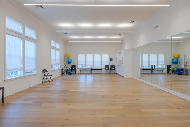 12 Grace Hall Ln, Yaphank, NY 11980 - exercise room with healthy amount of natural light, crown molding, light wood-style floors, and baseboards