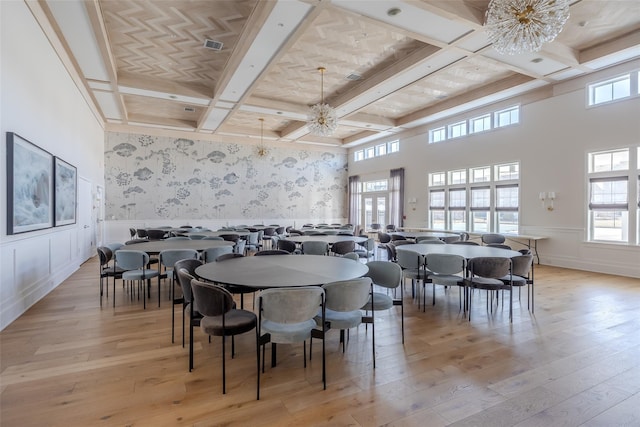 12 Grace Hall Ln, Yaphank, NY 11980 - dining space with coffered ceiling, wallpapered walls, light wood-style floors, beam ceiling, and a wainscoted wall
