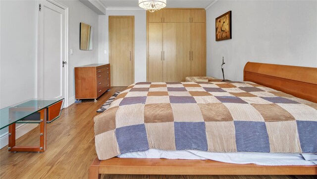 8 Barstow Rd Unit 2G, Great Neck, NY 11021 - bedroom featuring ornamental molding, light wood-style flooring, and multiple closets