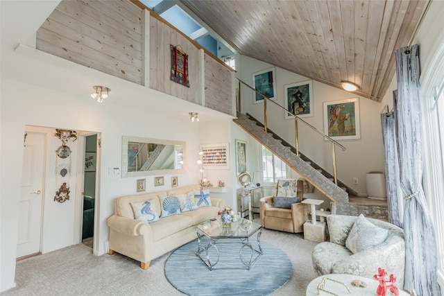26 Point Breeze Dr, Rocky Point, NY 11778 - living room featuring stairway, wood ceiling, carpet floors, and high vaulted ceiling