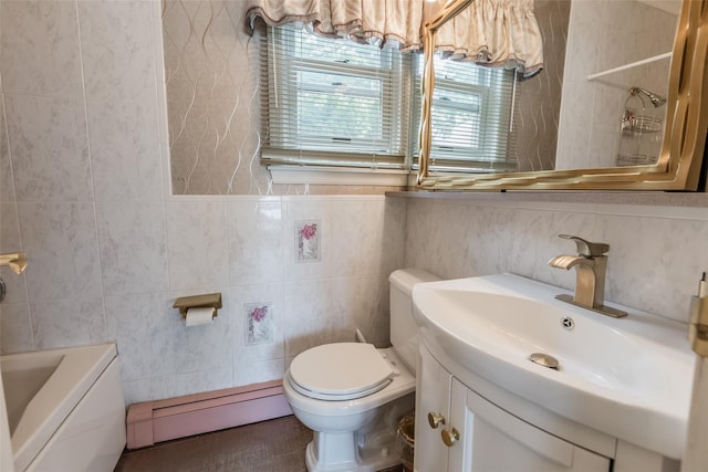 26 Point Breeze Dr, Rocky Point, NY 11778 - bathroom featuring a baseboard radiator, toilet, vanity, and tile walls