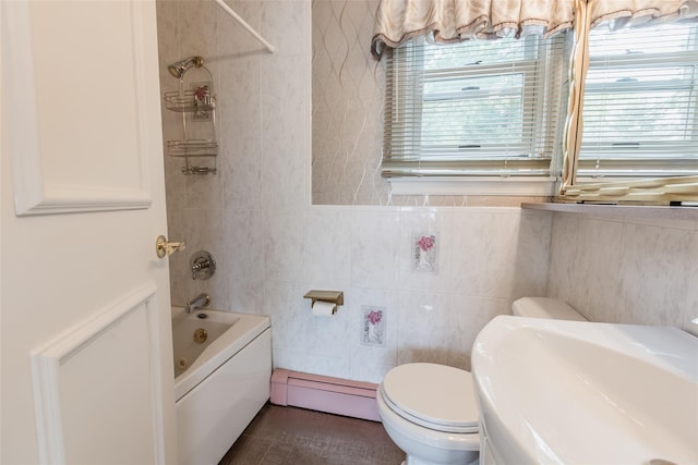 26 Point Breeze Dr, Rocky Point, NY 11778 - full bath featuring baseboard heating, toilet, shower / tub combination, a sink, and tile walls