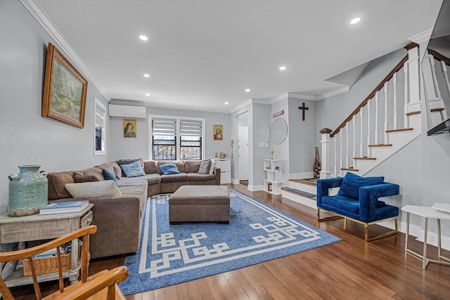 14627 Reeves Ave, Flushing, NY 11367 - living room with ornamental molding, wood-type flooring, recessed lighting, baseboards, and stairs