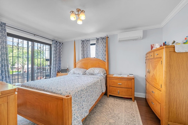 14627 Reeves Ave, Flushing, NY 11367 - bedroom with a wall unit AC, crown molding, wood finished floors, and baseboards