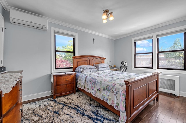 14627 Reeves Ave, Flushing, NY 11367 - bedroom with radiator, a wall mounted air conditioner, baseboards, dark wood finished floors, and ornamental molding