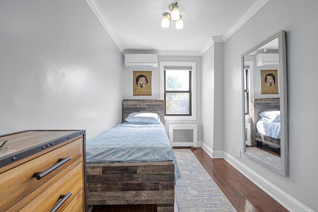 14627 Reeves Ave, Flushing, NY 11367 - bedroom featuring a wall mounted AC, radiator heating unit, ornamental molding, dark wood-style flooring, and baseboards
