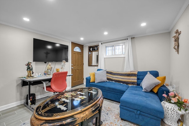 14627 Reeves Ave, Flushing, NY 11367 - living room with recessed lighting, ornamental molding, baseboards, wood finished floors, and an office area