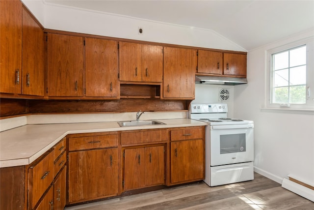 233 Violet St, Massapequa Park, NY 11762 - kitchen with electric stove, a sink, under cabinet range hood, a baseboard radiator, and vaulted ceiling