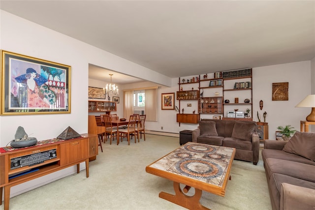 1649 Falmouth Ave, New Hyde Park, NY 11040 - living room with light carpet, a chandelier, and baseboard heating