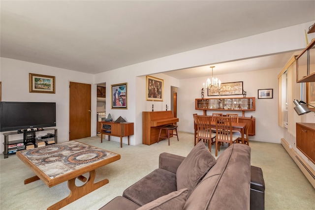 1649 Falmouth Ave, New Hyde Park, NY 11040 - living room with light colored carpet, a baseboard heating unit, and a chandelier