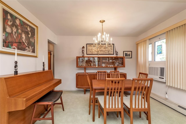1649 Falmouth Ave, New Hyde Park, NY 11040 - dining room featuring baseboard heating, a chandelier, and light colored carpet
