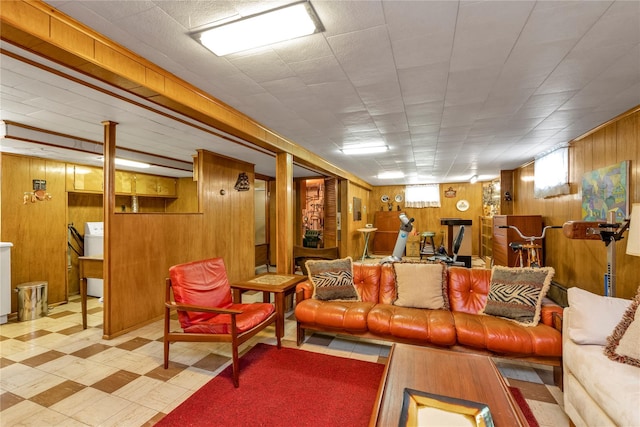 1649 Falmouth Ave, New Hyde Park, NY 11040 - living area with wood walls and tile patterned floors