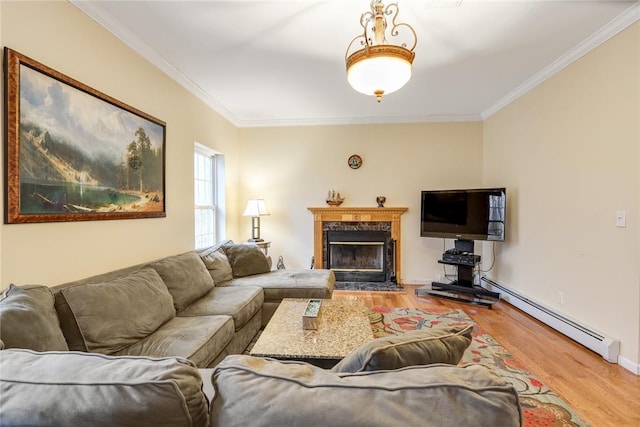 68 Cauthers Ln, Woodridge, NY 12789 - living room with a baseboard heating unit, ornamental molding, wood finished floors, a high end fireplace, and baseboards