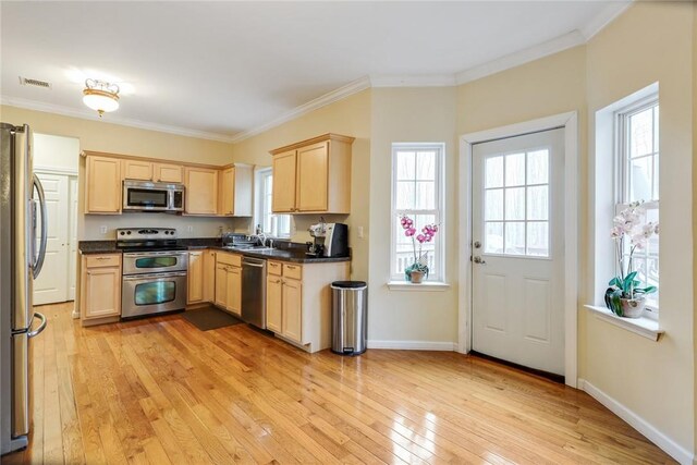 68 Cauthers Ln, Woodridge, NY 12789 - kitchen with stainless steel appliances, light brown cabinetry, plenty of natural light, light wood-type flooring, and ornamental molding