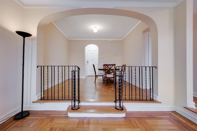 41-08 43rd St Unit 5J, Sunnyside, NY 11104 - hall featuring arched walkways, an upstairs landing, baseboards, and ornamental molding