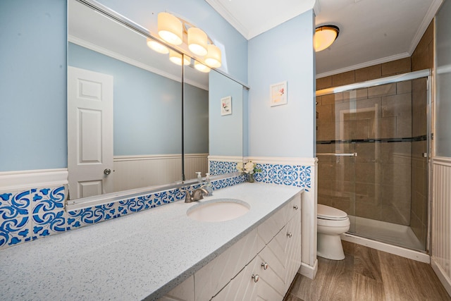 25 Rustic Gate Ln, Dix Hills, NY 11746 - full bath featuring toilet, vanity, a stall shower, a wainscoted wall, and crown molding