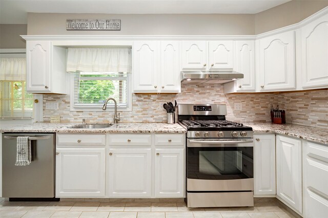 23 Saddle Rock Dr, Poughkeepsie, NY 12603 - kitchen featuring stainless steel appliances, under cabinet range hood, a sink, white cabinetry, and decorative backsplash