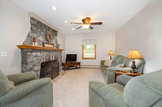 23 Saddle Rock Dr, Poughkeepsie, NY 12603 - living area with a ceiling fan, carpet floors, a fireplace, a baseboard heating unit, and recessed lighting