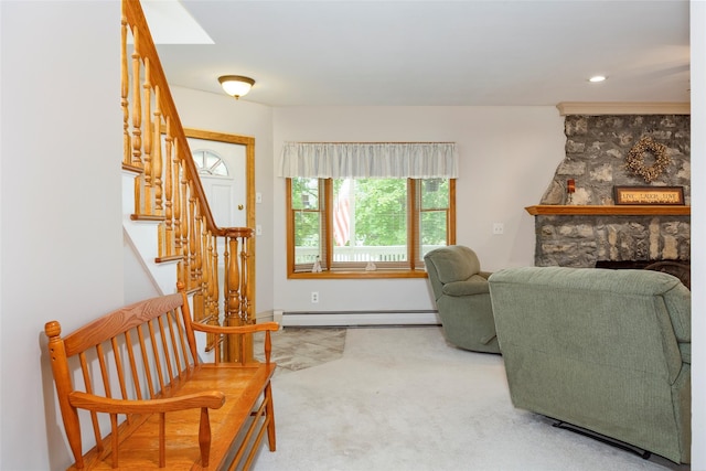 23 Saddle Rock Dr, Poughkeepsie, NY 12603 - carpeted living area featuring baseboard heating, stairway, a stone fireplace, and baseboards