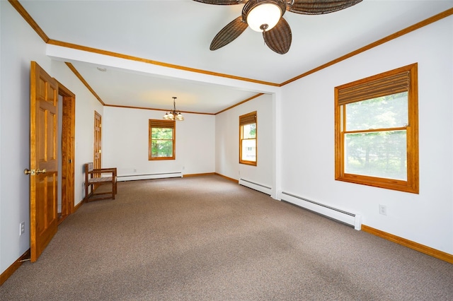 23 Saddle Rock Dr, Poughkeepsie, NY 12603 - carpeted empty room featuring crown molding, a baseboard heating unit, baseboards, ceiling fan, and a chandelier