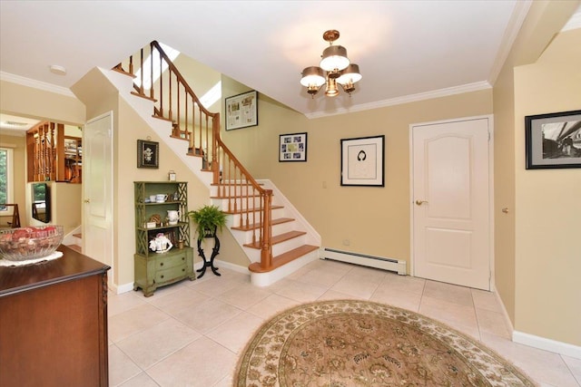 2783 Rita Ct, Bellmore, NY 11710 - foyer entrance with a baseboard radiator, a chandelier, crown molding, stairway, and light tile patterned flooring