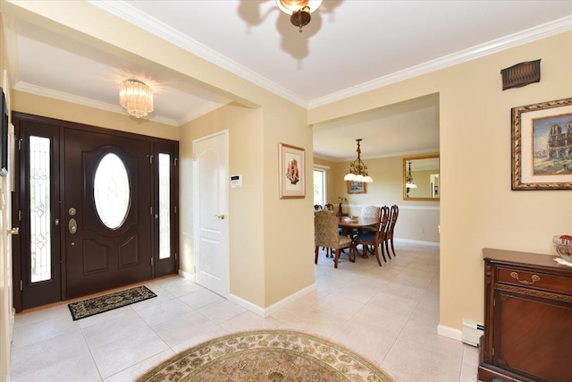 2783 Rita Ct, Bellmore, NY 11710 - foyer featuring a chandelier, baseboards, light tile patterned floors, crown molding, and baseboard heating