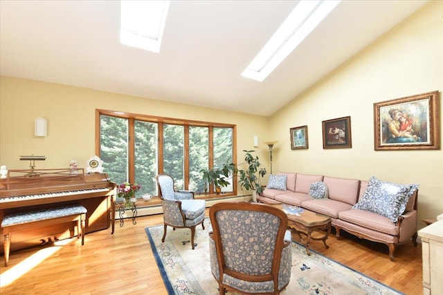 2783 Rita Ct, Bellmore, NY 11710 - living area with a skylight, a baseboard radiator, light wood-type flooring, and high vaulted ceiling