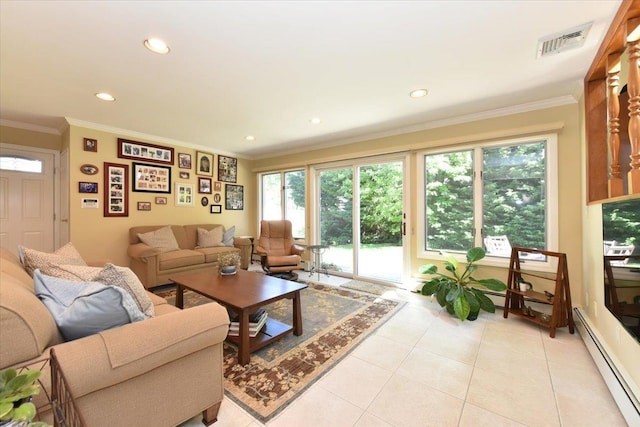 2783 Rita Ct, Bellmore, NY 11710 - living room with ornamental molding, recessed lighting, baseboard heating, and light tile patterned floors