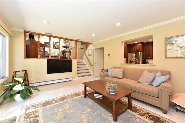 2783 Rita Ct, Bellmore, NY 11710 - living area with baseboard heating, ornamental molding, stairway, light tile patterned floors, and recessed lighting