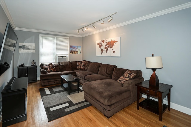 200 N Village Ave Unit D5, Rockville Centre, NY 11570 - living room with ornamental molding, light wood-style flooring, cooling unit, and rail lighting