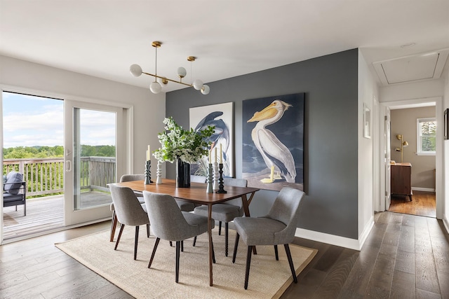 62 Hicks Ln, Clinton Corners, NY 12514 - dining room featuring dark wood-style flooring, baseboards, attic access, and a chandelier