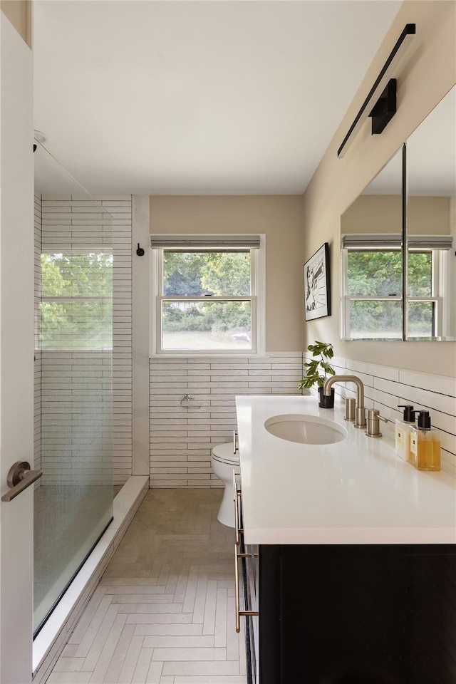 62 Hicks Ln, Clinton Corners, NY 12514 - bathroom featuring toilet, a shower stall, vanity, and tile walls