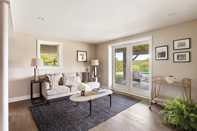 62 Hicks Ln, Clinton Corners, NY 12514 - living area featuring french doors, healthy amount of natural light, wood-type flooring, baseboards, and recessed lighting