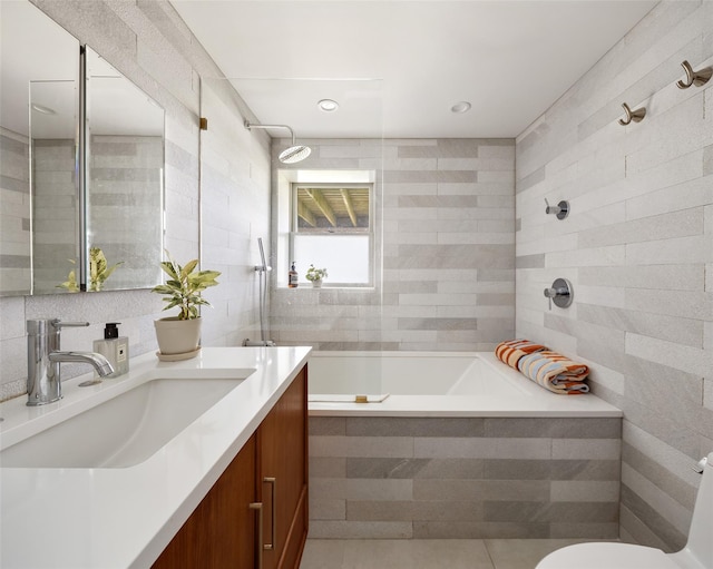 62 Hicks Ln, Clinton Corners, NY 12514 - bathroom with tile walls, vanity, tiled bath, toilet, and a tile shower