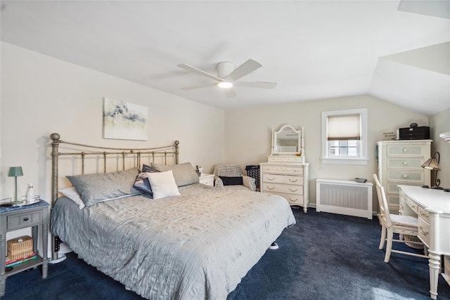 1515 Kenneth Ave, Baldwin, NY 11510 - bedroom featuring radiator heating unit, dark carpet, a ceiling fan, and lofted ceiling