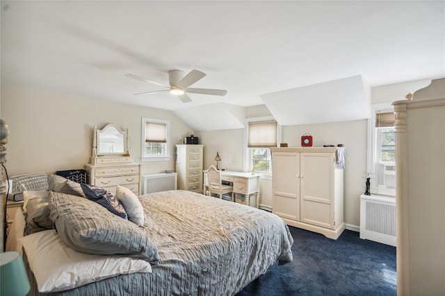 1515 Kenneth Ave, Baldwin, NY 11510 - bedroom featuring dark colored carpet, multiple windows, a ceiling fan, and lofted ceiling