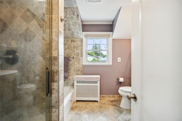 1515 Kenneth Ave, Baldwin, NY 11510 - full bathroom featuring toilet, an enclosed shower, a bath, ornamental molding, and baseboards