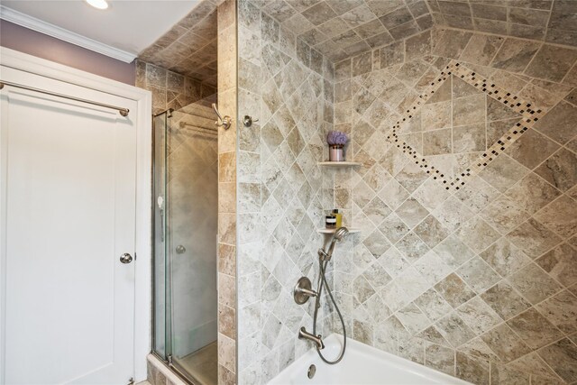 1515 Kenneth Ave, Baldwin, NY 11510 - bathroom featuring crown molding, enclosed tub / shower combo, and recessed lighting