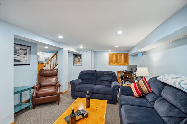 1515 Kenneth Ave, Baldwin, NY 11510 - living room with carpet flooring, recessed lighting, stairway, and baseboards
