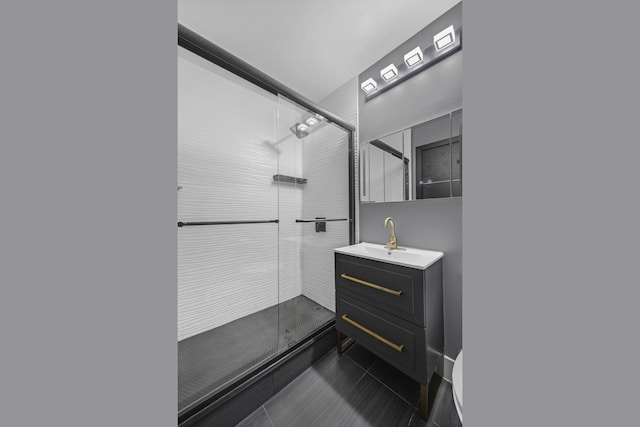 345 E 93rd St Unit 25Ak, New York Manhattan, NY 10128 - bathroom with vanity, a shower stall, and tile patterned floors