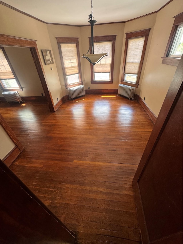 1234 State Route 17k, Montgomery, NY 12549 - unfurnished dining area with radiator, ornamental molding, wood finished floors, and baseboards