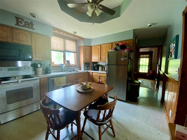 1234 State Route 17k, Montgomery, NY 12549 - kitchen with stainless steel appliances, ceiling fan, a sink, a tray ceiling, and light countertops