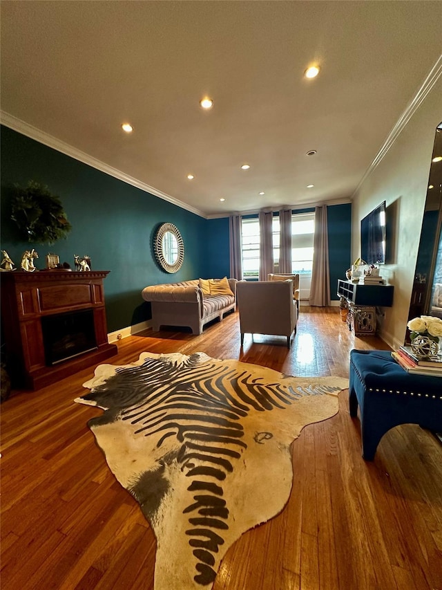 315 King St Unit 6H, Port Chester, NY 10573 - bedroom with ornamental molding, wood-type flooring, a fireplace, recessed lighting, and baseboards