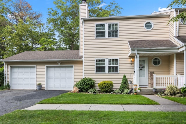 12 Franklin Commons, Yaphank, NY 11980 - view of front facade with driveway, an attached garage, a chimney, a porch, and a shingled roof