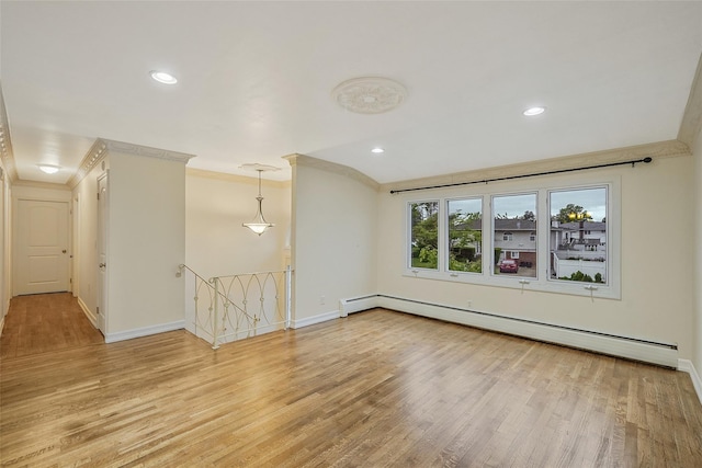 4 Mason Ct, Levittown, NY 11756 - unfurnished room featuring baseboard heating, ornamental molding, light wood-type flooring, baseboards, and recessed lighting